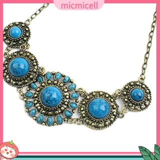 (micmicell) สร้อยคอ จี้หินเทอร์ควอยซ์ ทรงกลม สีฟ้า สไตล์โบฮีเมียน วินเทจ สําหรับผู้หญิง