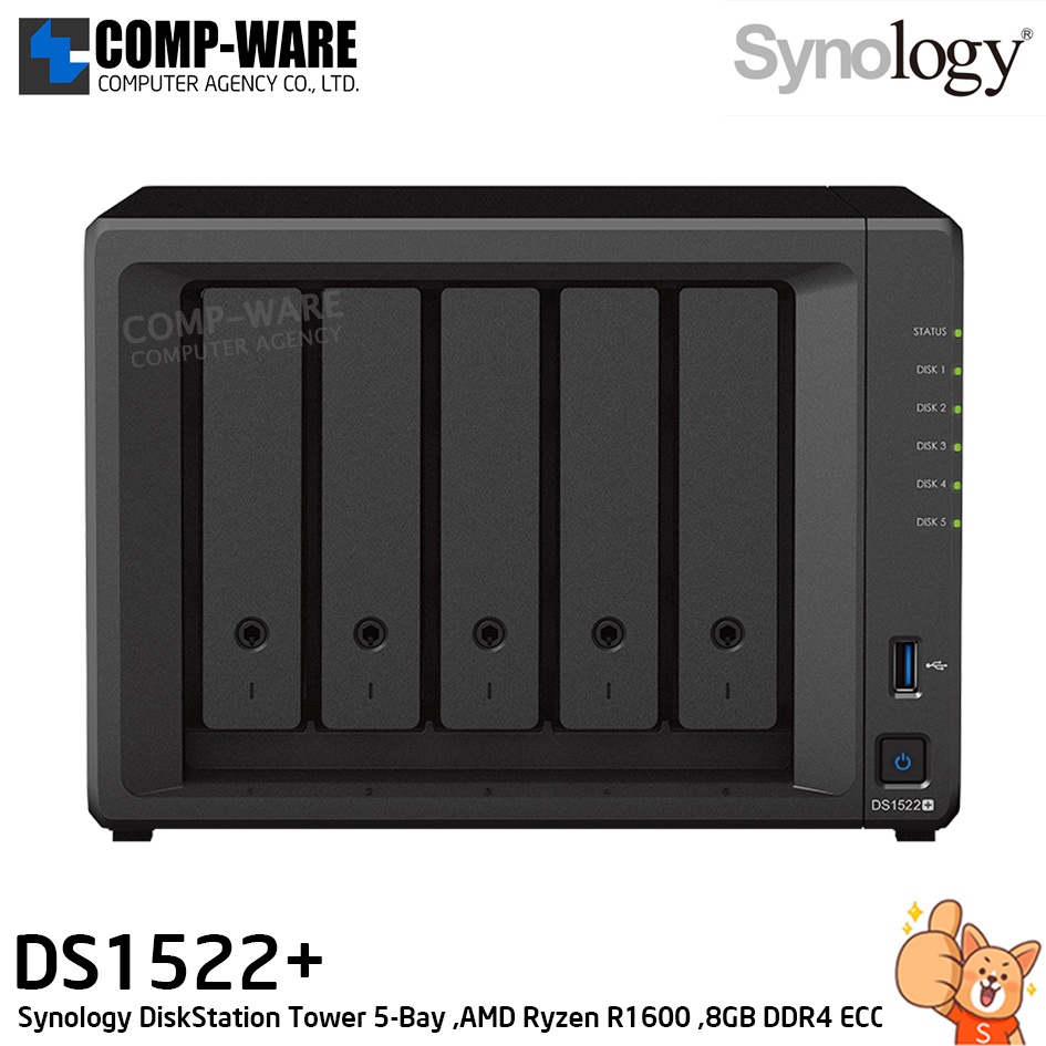 Synology DiskStation (Tower 5-Bay) DS1522+ / AMD Ryzen R1600 / 8GB DDR4 ECC / 4 x RJ-45 1GbE / 3Y Wa