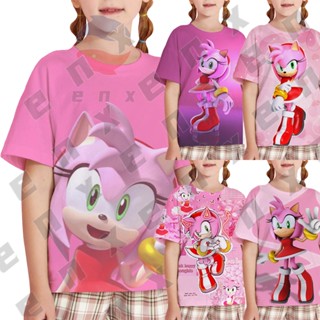 *ENX* เสื้อยืดแขนสั้น คอกลม พิมพ์ลาย Sonic Amy Rose น่ารัก สีชมพู แฟชั่นฤดูร้อน สําหรับเด็กผู้หญิง อายุ 3-14 ปี