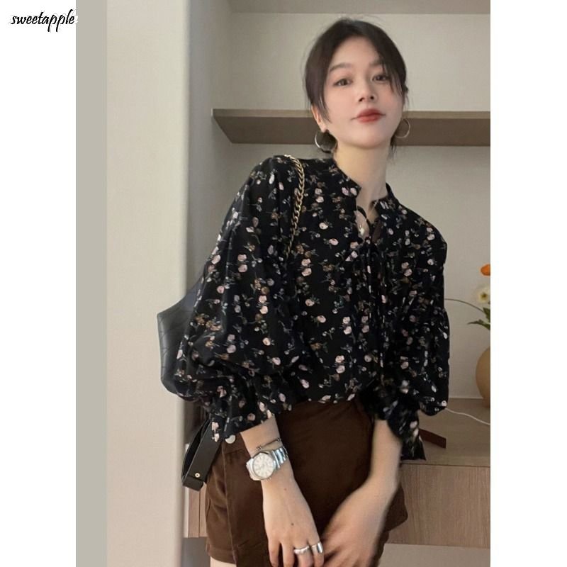 เสื้อเชิ้ตแขนยาว คอวี ทรงหลวม ลายดอกไม้ สีดํา แฟชั่นฤดูใบไม้ร่วง สไตล์เกาหลี สําหรับผู้หญิง