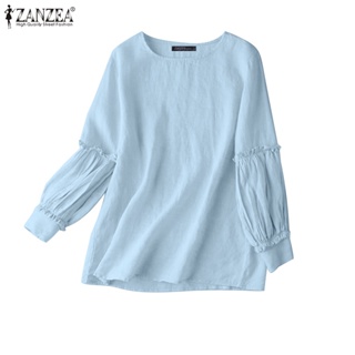 Zanzea เสื้อเบลาส์ คอกลม แขนยาว แต่งระบาย สีพื้น สไตล์วินเทจ สําหรับผู้หญิง