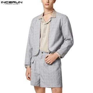 Incerun เสื้อคาร์ดิแกน แขนยาว แต่งโลหะ ลายตาราง และกางเกงขาสั้น ลําลอง สองชิ้น