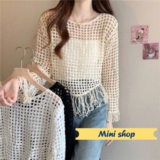 Mini shop🌸พร้อมส่ง🌸(19050) เสื้อถักไหมพรมแขนยาว ตาข่ายใหญดีเทลผูบายๆ -C