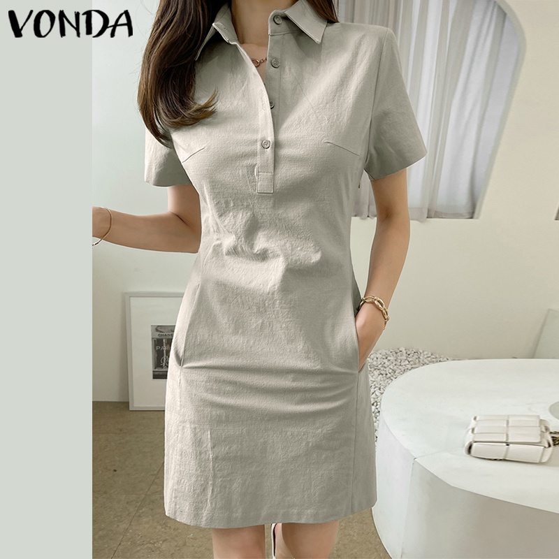 Vonda ชุดมินิเดรส คอปก แขนสั้น มีกระเป๋า สีพื้น สไตล์เกาหลี สําหรับผู้หญิง