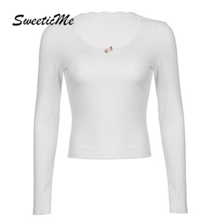 Sweeticme ใหม่ เสื้อยืดลําลอง แขนยาว คอกลม สีพื้น เซ็กซี่ แฟชั่นสําหรับสตรี 2022