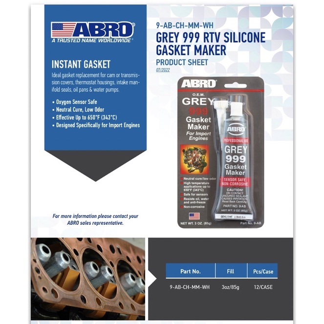 เครื่องทําปะเก็นซิลิโคน Abro Grey 999 RTV (9AB & 9-AB-42) -