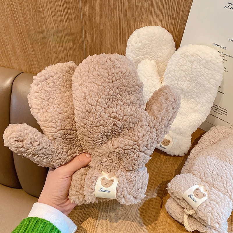 ถุงมือผ้ากํามะหยี่ขนนิ่ม แบบหนา ให้ความอบอุ่น สีพื้น แฟชั่นฤดูหนาว สําหรับนักเรียนหญิง / ถุงมือกันลม แบบเต็มนิ้ว ลายหมีน่ารัก / ถุงมือแขวนคอ