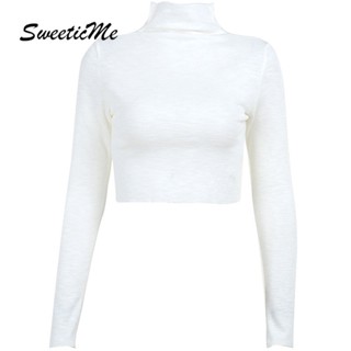 Sweeticme ใหม่ เสื้อยืดลําลอง แขนยาว คอกลม เข้ารูป เซ็กซี่ สีพื้น แฟชั่นสําหรับสตรี 2022