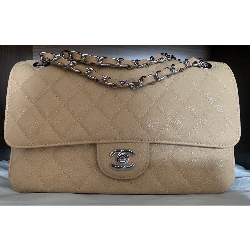 กระเป๋า ชาแนล  Chanel Classic Medium/Large 10” Beige Caviar Silver Hardware มือสอง งานลุ้นแท้