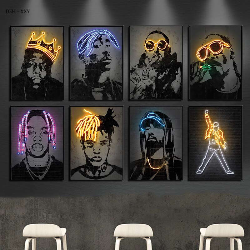 บทคัดย่อนีออนออกแบบ Rapper Star โปสเตอร์ 2Pac Hip Hop นักร้อง Wall Art ภาพ Graffiti ผ้าใบภาพวาด Home Room Bar Decor