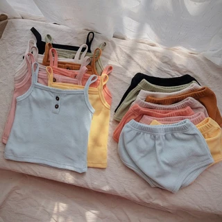 Babyonline(Y420)C1 (ส่งด่วน1วัน)ชุดเซ็ตเสื้อสายเดี่ยวกางเกงขาสั้นทรงสามเหลี่ยม สำหรับเด็กหญิงและชาย ผ้าฝ้าย100%