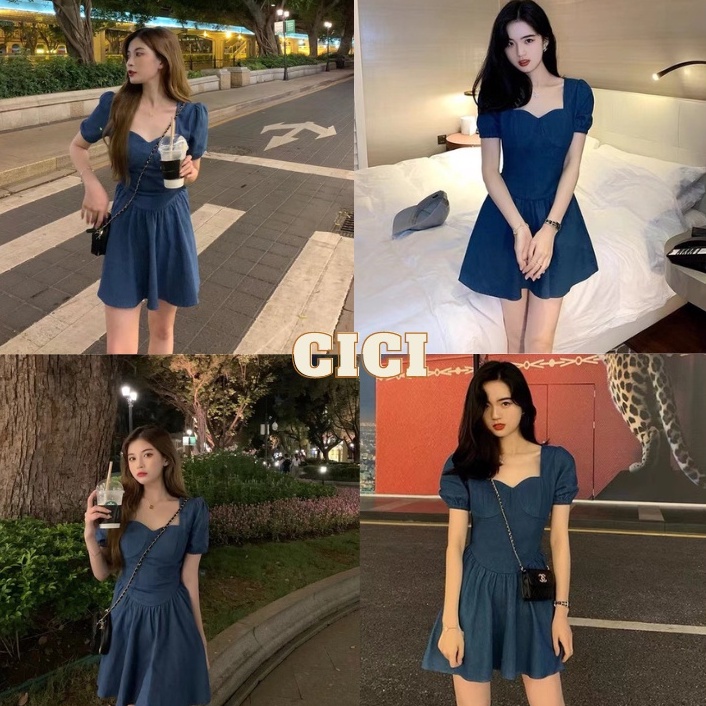 Cici พร้อมส่ง (Q6888) Mini Dress เดรสสั้นผ้ายีนส์แขนตุ๊กตา ทรงสวยสายเกาคิ้วท์ๆ
