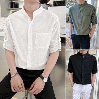 【M-3XL】เสื้อโปโลแขนสั้นลําลอง คอวี ผ้าฝ้าย และผ้าลินิน ทรงหลวม สีพื้น เสื้อแขนสั้นผู้ชายวินเทจ สําหรับผู้ชาย