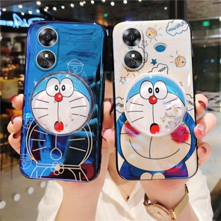 [พร้อมส่ง] ใหม่ เคสโทรศัพท์มือถือแบบนิ่ม มีทรายไหล ลายการ์ตูนโดเรม่อนน่ารัก พร้อมกระจกขาตั้ง สําหรับ Oppo A17 A77S A77 5G A57 4G 2022 A96 4G A76 A17 OppoA77s