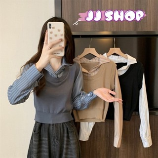 JJ shop 💜พร้อมส่ง เสื้อไหมพรม ทรงนักเรียนเกาหลี ทีเทลเสื้อเย็บติดเชิตแฟชั่นกำลังมา "J153"
