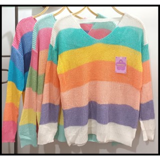 เสื้อไหมพรมถักวิ๊งๆ แขนยาว คอวี สีสันสดใส