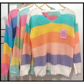 เสื้อไหมพรมถักวิ๊งๆ แขนยาว คอวี สีสันสดใส