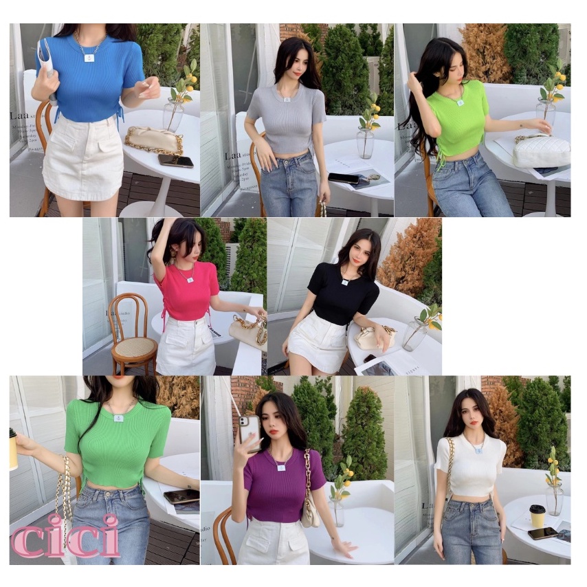 ส่งทันที Cici SALE(A1172)Knit CropTop เสื้อครอปไหมพรมผ้าknit ดีเทลเชือกรูดข้าง ทรงเบสิคครอป