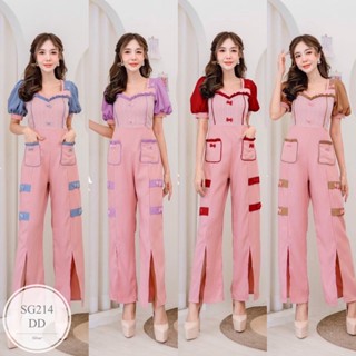 SG214 Jumpsuit จั้มสูทขายาว แขนพอง อกแต่งระบาย ช่วงอกแต่งผ้าลูกไม้ มีกระเป๋าหน้าติดโบว์เรียง กางเกงขายาวแหวกปลายขา โทนสี