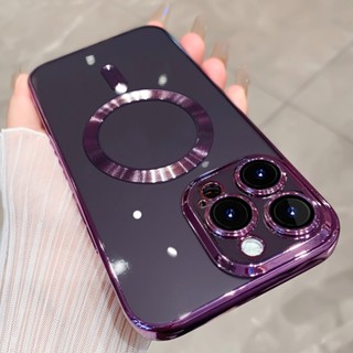 Luxury 6D Magnetic เคสไอโฟน 14 Plus 13 12 11 Pro Max เคสซิลิโคนใส แบบแม่เหล็ก สีม่วงเข้ม หรูหรา สําหรับ