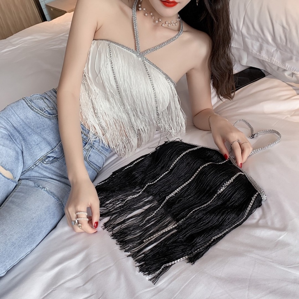 ราคาถูกที่สุด เสื้อเกาะอก แต่งพู่ห้อยยาว สายเพชรคล้องคอสวยๆ 2 สี มีฟองน้ำซับใน