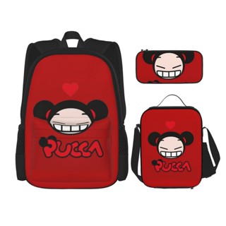 3 in 1 กระเป๋าเป้สะพายหลัง กระเป๋าหนังสือ พิมพ์ลาย Pucca พร้อมกระเป๋าใส่กล่องอาหารกลางวัน กระเป๋าดินสอ เดินทาง