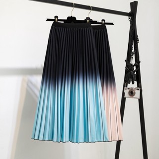 Fashion striped print womens midi skirt Korean elastic high waist A-line thin large swing skirt long printed pleated skirts for women