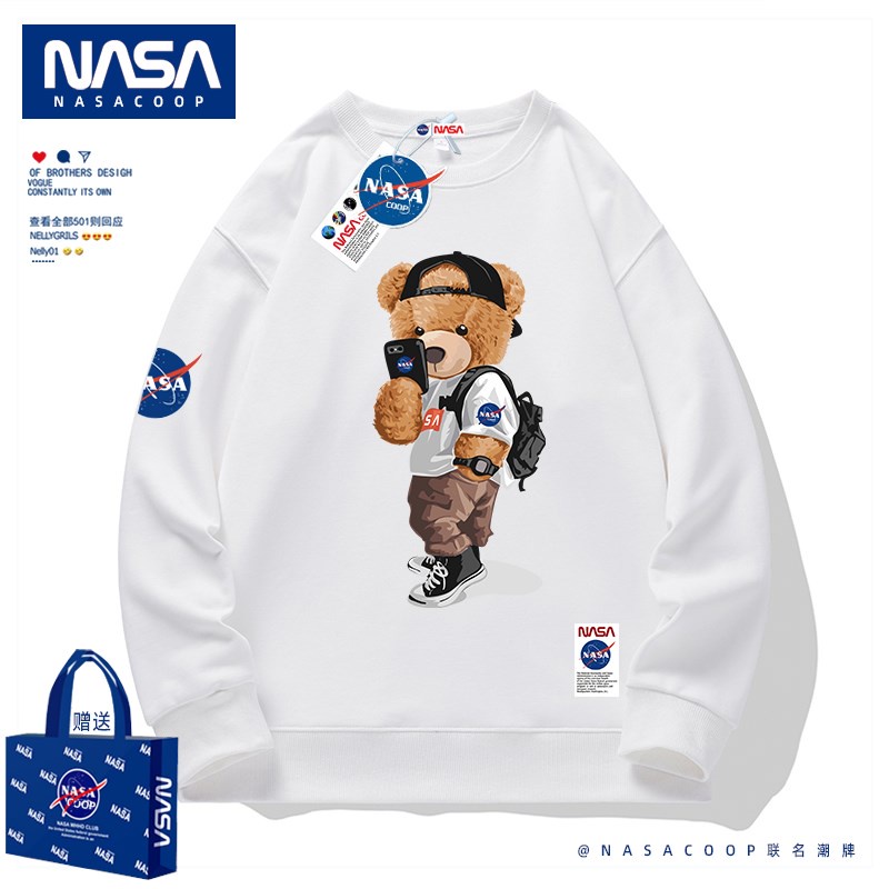 เสื้อกันหนาว คอกลม ผ้าฝ้าย และผ้ากํามะหยี่ พิมพ์ลายการ์ตูนหมี NASA ขนาดใหญ่ แฟชั่นฤดูใบไม้ผลิ และฤดูใบไม้ร่วง สําหรับผู้ชาย และผู้หญิง