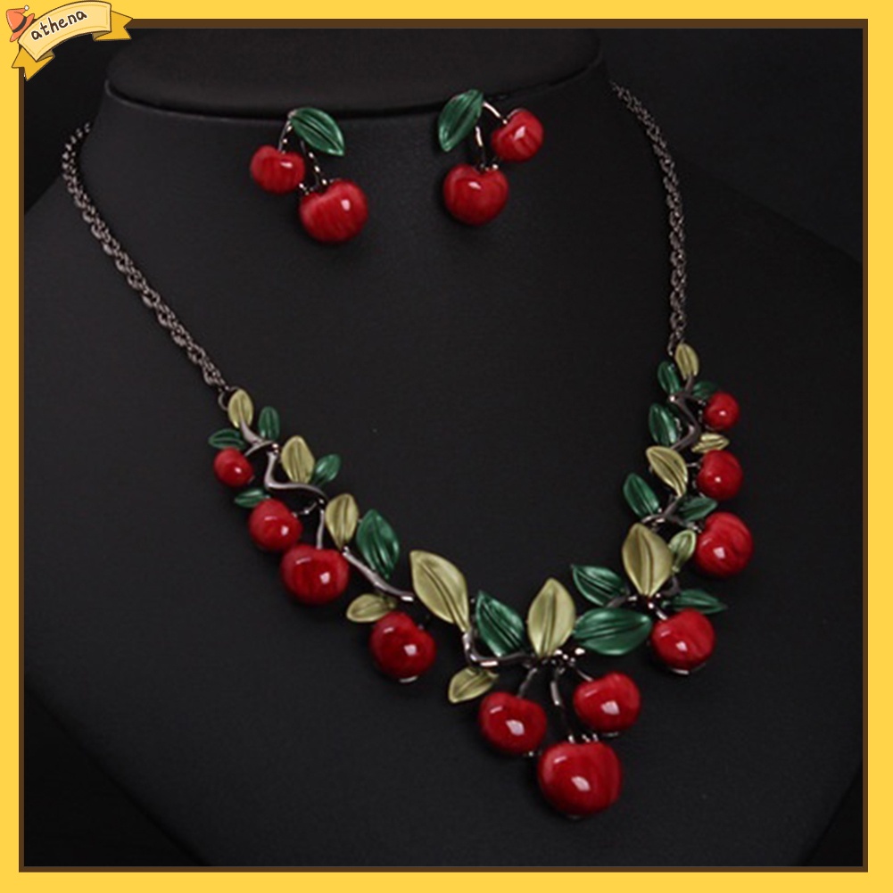 【Athena】 ชุดเครื่องประดับ สร้อยคอ ต่างหูจี้เชอร์รี่แดง สไตล์วินเทจ สำหรับผู้หญิง ราคา ถูกที่สุด ดีลบีเคเค แกลเลอรีภาพที่ 3
