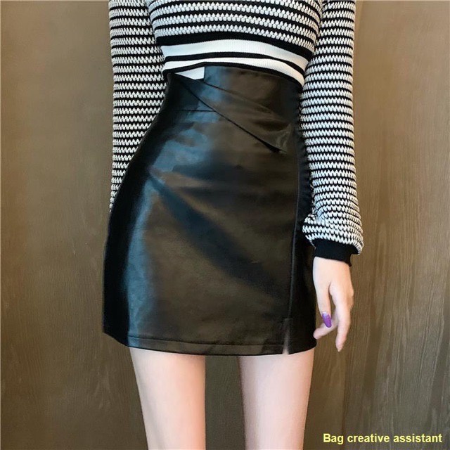 พร้อมส่ง > กระโปรงหนัง ทรงพับเฉียง