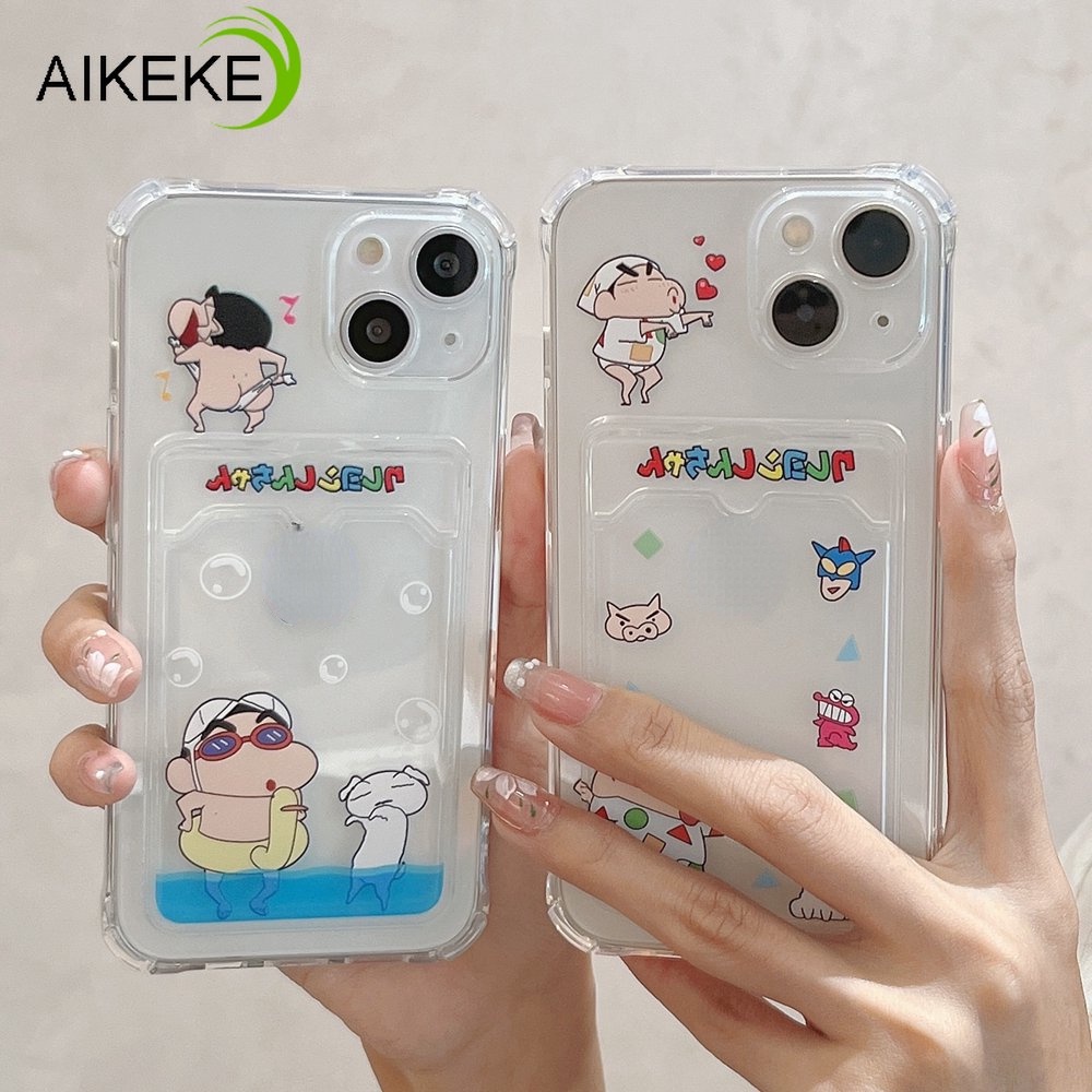 เคสโทรศัพท์มือถือแบบนิ่ม TPU ใส ลายการ์ตูนชินจังน่ารัก พร้อมช่องใส่บัตร สําหรับ iphone 14 Plus 13 12 11 Pro Max X XR Xs Max 7 8 Plus