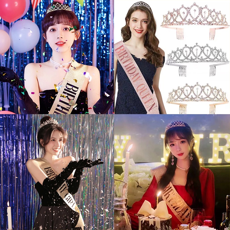 Happy Birthday Crown Tiara & Sash ชุดสําหรับสาวแฟชั่นวันเกิด Princess Crown Headband Decor