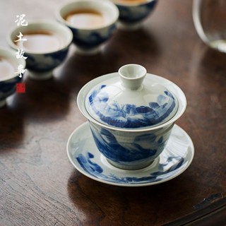 Jingdezhen hand-painted blue and white porcelain landscape painting Sancai teapot ceramic landscape Gaiwan teapot 165ml