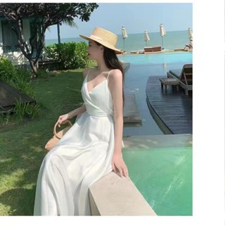 💖Allure dress💖ท่องเที่ยวริมทะเลบาหลีกระโปรงชายหาดเซ็กซี่เปลือยวันหยุดฤดูร้อนยาวกระโปรงซาตินแขวนชุดfemale