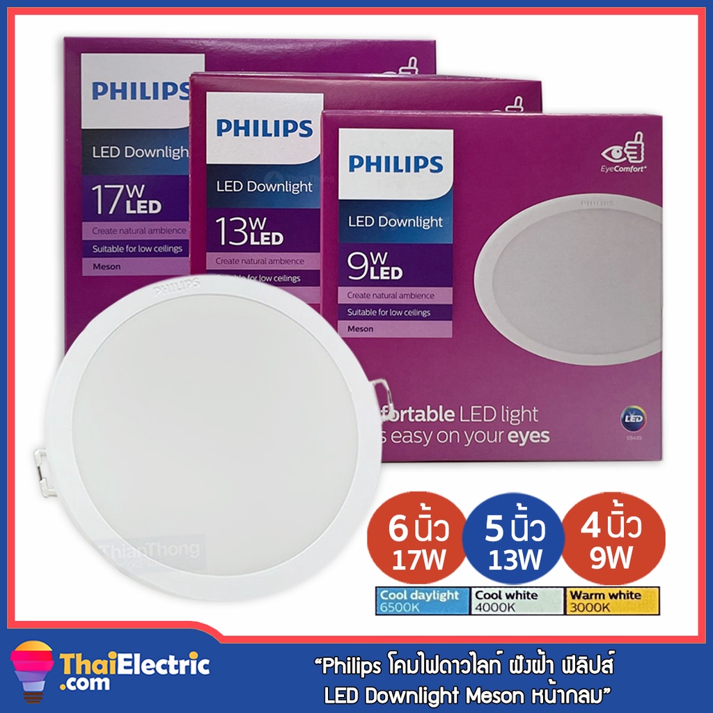 Philips โคมไฟดาวน์ไลท์ ฝังฝ้า LED Downlight Panel 4 นิ้ว 9W / 5 นิ้ว 13W / 6 นิ้ว 17W รุ่น MESON