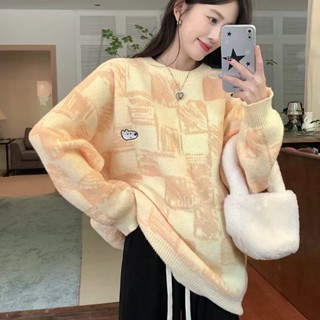 Suxi เสื้อกันหนาวแขนยาว คอกลม ผ้าถัก ลายสก๊อต สไตล์วินเทจ แฟชั่นฤดูใบไม้ร่วง และฤดูหนาว สําหรับผู้หญิง