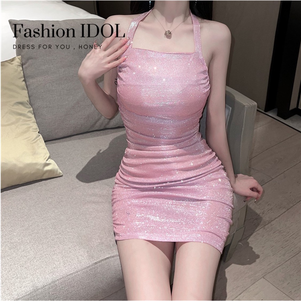 ชุดเดรสสั้นคล้องคอสีหวาน💗แต่งกลิตเตอร์วิบวับ รัดรูป โชว์สัดส่วน เซ็กซี่ปนหวาน F-015 - รูปที่ 4