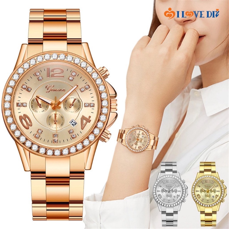 นาฬิกาข้อมือ ประดับเพชร พลอยเทียม สีโรสโกลด์ หรูหรา 3 สี สําหรับผู้หญิง / นาฬิกาลําลอง สามตา ทรงกลม คลาสสิก