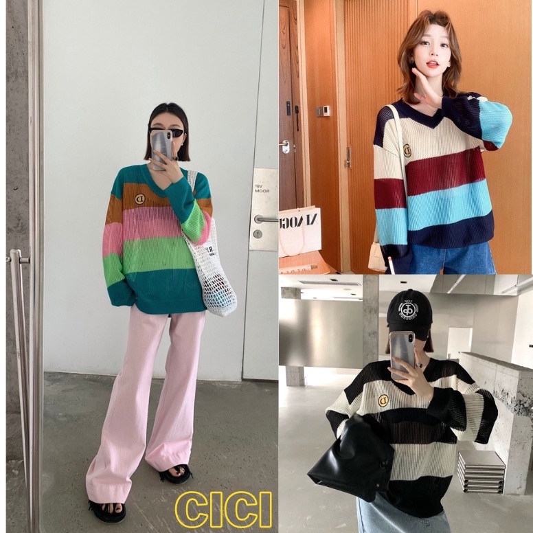 ส่งทันที Cici พร้อมส่ง (2702-1)Strip shirt เสื้อแขนยาวคอวีลายทางทรงโอเวอร์ไซส์ กิมมิคทอสลับสีคูลๆ
