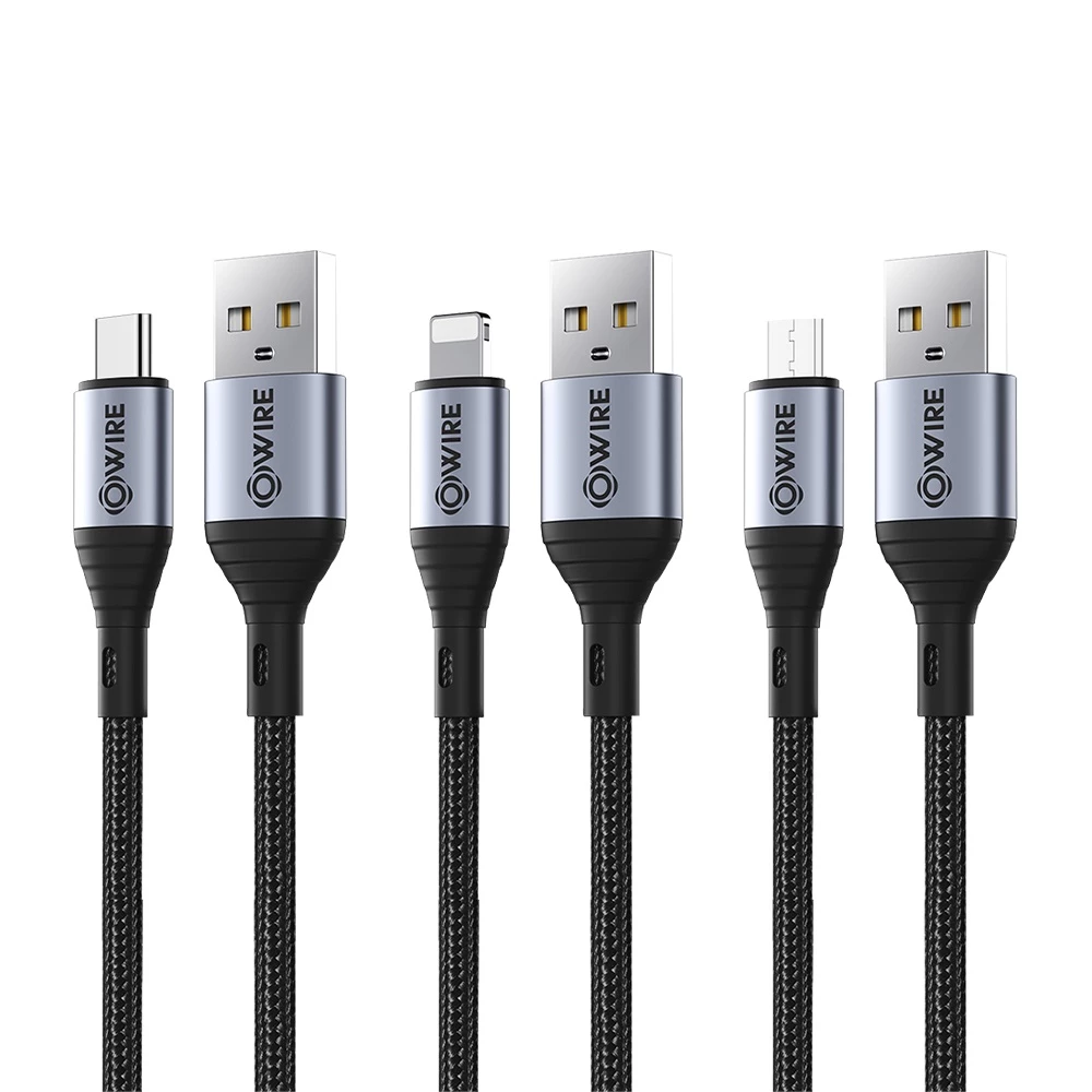 OWIRE สายชาร์จ 2.4A 3A สายไนลอนถัก ทนทาน ชาร์จเร็ว Fast Charge สําหรับ โทรศัพท์มือถือ แท็บเล็ต 2in1 3in1