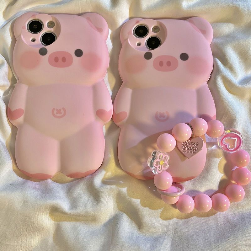 สุดน่ารัก 3D PINK หมูเคสโทรศัพท์ tpu นุ่มพร้อมสร้อยข้อมือรักสีชมพูเข้ากันได้สําหรับ iphone 17 16 15 14pro max 13 pro max 12 pro max 11 pro max xs max xr x