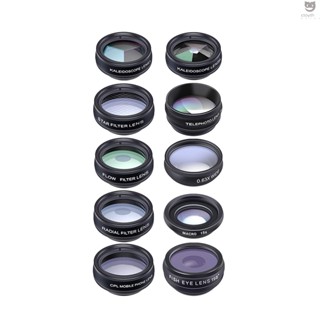 Apexel 10 in 1 ชุดเลนส์กล้องโทรศัพท์ มุมกว้าง 0.63X มาโคร 15X และ 198°Fisheye + เทเลโฟโต้ 2X + CPL + ฟิลเตอร์ดาว