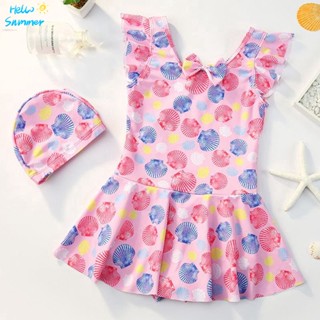 Ready Stock Pretty Girls Swimming Dresses+Swimming Cap 2pcs Korea Print Sports Swimsuit INS Kids Fashion Swim Wear