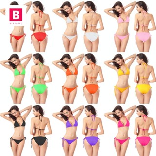 BikiniFC🧸 มี10สี ชุดว่ายน้ำแฟชั่น บิกินี่สามเหลี่ยม ทูพีซ ผ้าบาง ไม่มีฟองน้ำ โชว์หุ่นแซ่บ ผูกคอผูกหลัง สีพื้น (SB136)