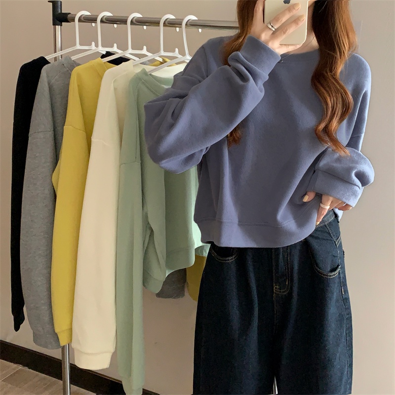 Suxi เสื้อกันหนาวลําลอง คอกลม ทรงหลวม สีพื้น แบบเรียบ สําหรับผู้หญิง