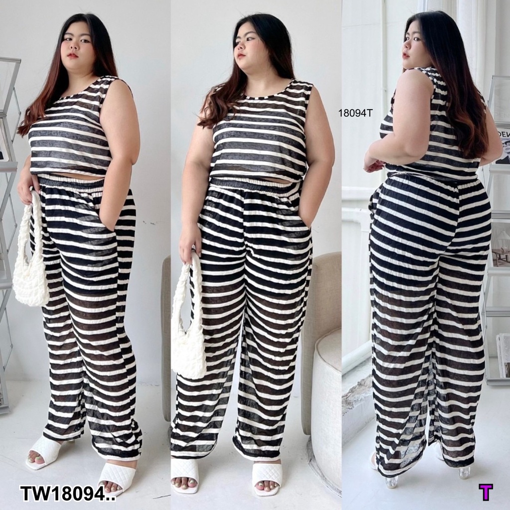 TwinsShopVip💗พร้อมส่ง TW18094 Set #Bigsize เสื้อแขนกุดลายทาง + กางเกงขายาวลายทาง ..