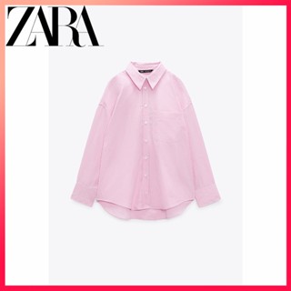 Zara เสื้อเชิ้ตแขนยาว คอปก ลายทาง สีชมพู สําหรับผู้หญิง