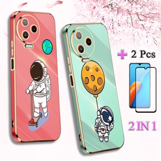 2 IN 1 เคสโทรศัพท์มือถือ ซิลิโคน TPU นิ่ม ชุบไฟฟ้า ขอบตรง ลายการ์ตูน พร้อมกระจกนิรภัยกันรอยหน้าจอ สําหรับ Infinix Note 12 Pro 4G X676B