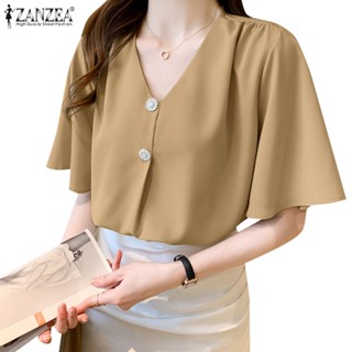 Zanzea เสื้อแขนสั้น คอวี ผ้าเดรป แฟชั่นสําหรับผู้หญิง