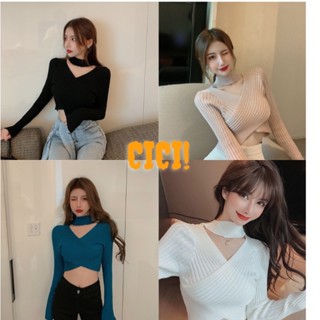 Cici ❣🇹🇭🚚พร้อมส่ง❣(8697)เสื้อไหมพรมแขนยาวผ้าร่องใส่ได้2ด้านแบบเก๋แซ่บๆ ยืดหยุ่นได้โชว์นิดๆสายฝอเฟ้อร์